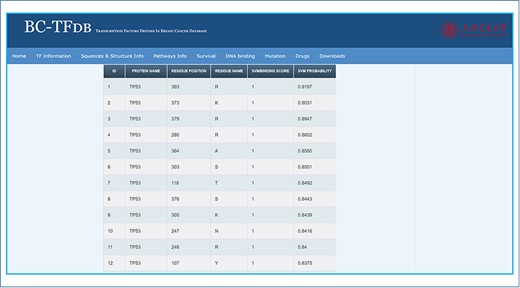 Representative image of the DNA binding tab, including a list of all TFs and listed SVM scores.