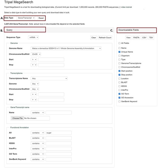 An example interface of complex static forms of Tripal MegaSearch (A). Data Type section where users can choose data type (B). Query section that provides a query form that allows users to perform complex queries using various metadata as filters (C). Downloadable Fields section where users can choose data fields to view and download.