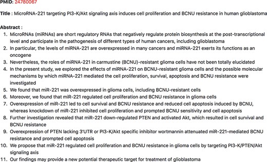 Abstract evidence for ‘miR-221’ promoting ‘proliferation’ by targeting ‘PTEN’ in the context of GBM.