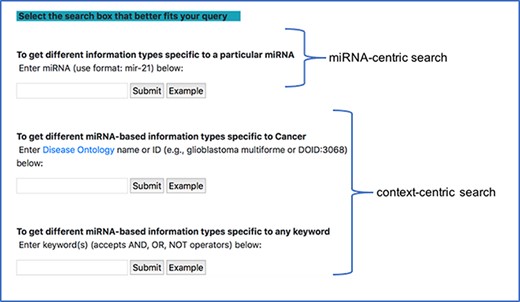 miRNA-centric search and context-centric search mode in the interface.