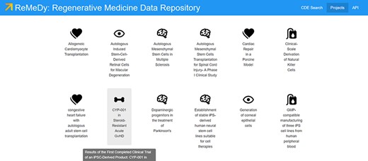 Projects page for ReMeDy, highlighting a subset of published projects currently in the database.