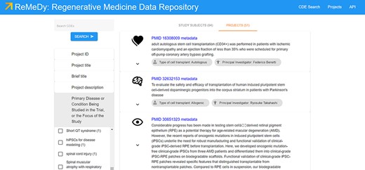 Search results page, displaying all the data currently in the ReMeDy database and highlighting the implemented filtering functionality.