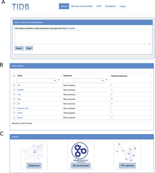 Screenshots of search box at home page (A), search results (B) and the three analysis modules (C).