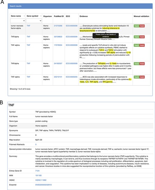 Screenshots of literature evidence page (A) and gene information page (B).