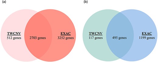Venn diagrams of significant gene counts from the analysis function (a) Significant CN gains (Red) were observed in 2703 genes among lung adenocarcinoma patients from both TWCNV and ExAC populations. (b) Significant CN losses (Blue) were observed in 495 genes among lung adenocarcinoma patients from both TWCNV and ExAC populations.
