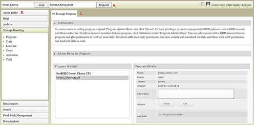 Main areas of the BIMS interface. A. The header region that displays the current crop and program on the left and links to configuration page, account page and home page on the right along with the user name. B. The accordion menu on the left that allows users to switch between various sections of the BIMS C. The tab region where users primarily interact with BIMS.