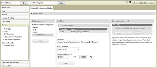 BIMS interface to search genotype data. Users can search SNP genotype data by accession properties or marker properties.