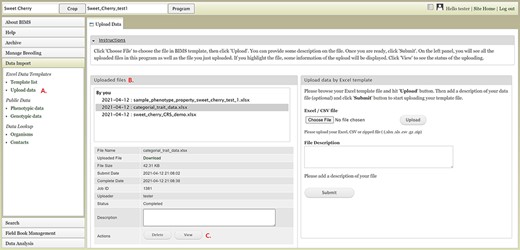 BIMS interface for uploading data in templates. A. Upload data link under Data Import section. B. Uploaded files section In the Upload Data tab that shows the name of the files that have been submitted or uploaded. C. View link that opens a new tab that shows the progress of an upload job.