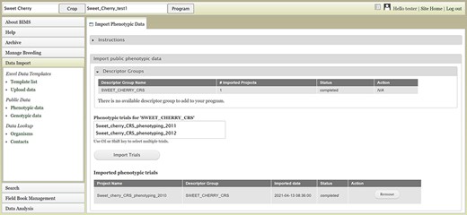 BIMS interface for uploading public phenotype data. Users can import any publicly available dataset to their program.