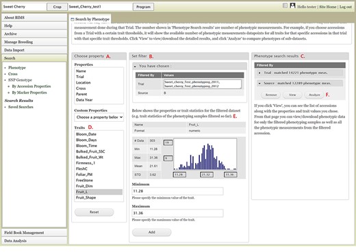 BIMS interface to search phenotype data. A. Choose a property section where users can filter the dataset by choosing various properties or traits. B. Set filter section that is populated with options for the data type when users choose a property or a trait. C. Phenotype search results section that shows the selected filter. D. Trait list in the Choose property section. E. Diagram of the trait value distribution for the previously filtered dataset. F. Remove, View, and Analyze buttons in the Phenotype search results section.