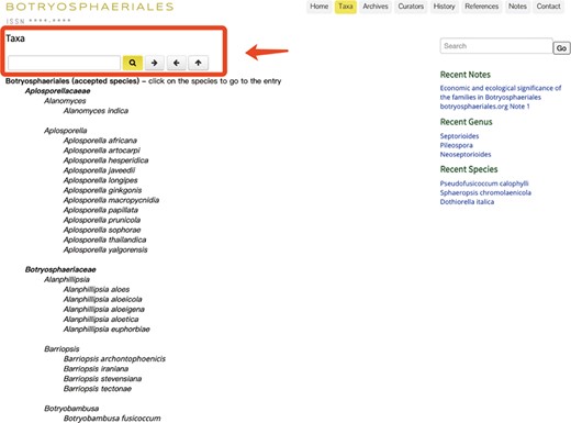 The ‘Taxa’ view of the Botryosphaeriales webpage.