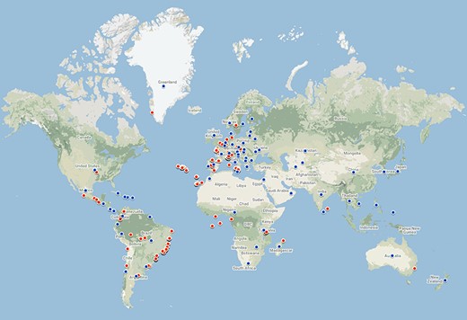 Geographic coverage of the data currently in the database. Red points represent geo-referenced records, while blue points are country centroids (for records that do not have an exact geographical reference). There are records from 70 countries and 479 locations. The map was created using Google Maps.