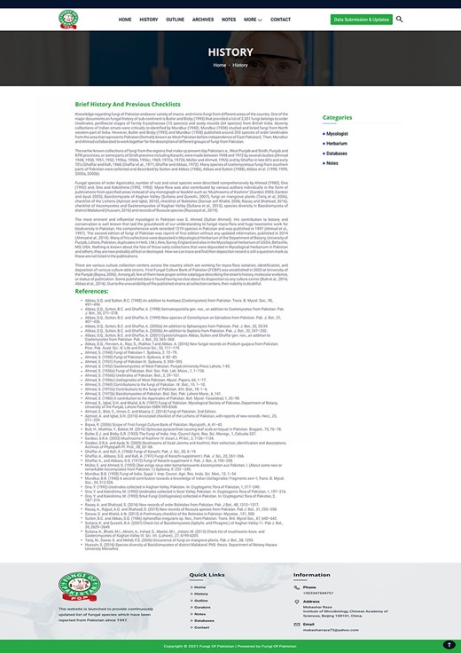 Brief history of fungi collected in Pakistan.