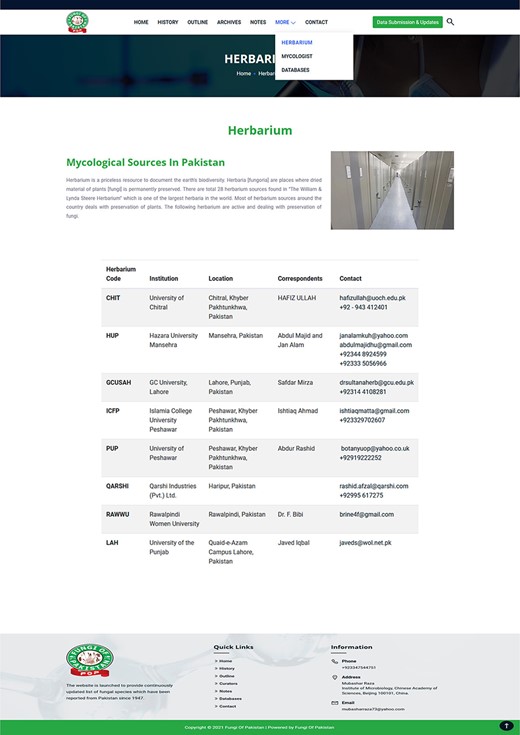 Information on herbarium centers within Pakistan.