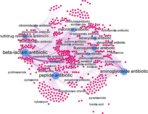 Network graph of all predicted gene-antibiotic group relations for antibiotic resistance in H. pylori, with blue nodes represent the antibiotic groups and red nodes represent the individual genes.