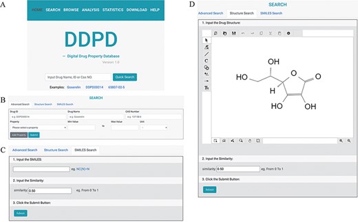 The search pages of DDPD: (A) On the home page, users can conduct simple search via drug name, DDPD ID or CAS number. (B, C, D) On the search page, users can perform more advanced searches via one or more drug property values, SMILES or structure. (D) In Structure Search tab, users can draw chemical structures using the developed drawing tool.