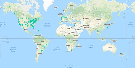 Geographical distribution of the 91 effective respondents. Geolocation resolution was conducted using https://ipapi.co/ on the respondent IP addresses collected by Qualtrics.