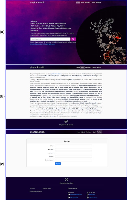 Web interface of the ‘phytochemdb’ database. (a) Demonstration of homepage containing the accessible search option. (b) ‘About’ web page encompasses a brief description about the database. (c) ‘Register’ web page comprehends the options for creating a free account in the database.