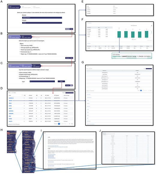 Information query and tools in GNIFdb. An example demonstrates that querying glioma (Cohort 1) (A), chromosome category (B) and chromosome 1 (C) generates the list of information associated gene, mutation, neoantigen, corresponding HLA-I subtype and survival time period (D) in the genomic region of interests. The query results also provide the summary of information availability (E) and detailed gene expression (F) and the full list of neoantigen intrinsic features (G). (H) Tools provide codes for calculating neoantigen intrinsic feature calculations, neoDL (I) and downloading of neoantigen and gene expression data for all cohorts (J).