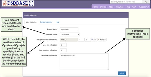 Snapshot of the input page for Modelling peptides. The user can probe the database for multiple disulphide-bonded systems of particular connectivity and get possible conformations for that segment with the option to provide partial or no sequence information.