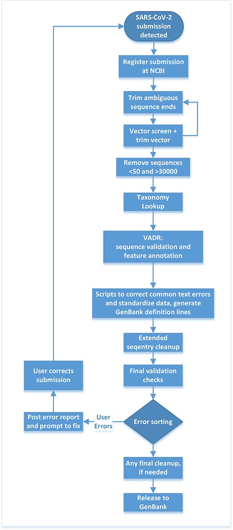 Post-submission processing steps performed at NLM/NCBI to evaluate, annotate and prepare SARS-CoV-2 sequence data for public release to the GenBank database.