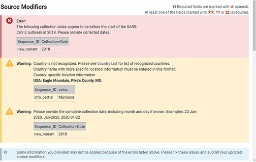 Example of real-time validation of source metadata during the web submission process prompting for immediate feedback and correction.