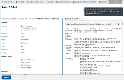 The Review & Submit page in a SARS-CoV-2 web submission. The left side of the page contains a summary of information, data files, and pre-submission sequence processing reports. The right side of the page displays a preview of the GenBank flatfiles prior to feature annotation and full submission processing. The preview is a familiar, human-readable format that allows submitters to confirm the author names, publications (if provided), contact information, sequencing technology and source information are correct before submitting.