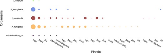Example graph output from the ‘Compare Genome’ tool. The tool plots the number of hits for putative plastic-degrading proteins per plastic type for each dataset. The size of the dots represents the number of hits found in each genome for each plastic. The input data were the genomes of Thermobaculum terrenum,  Pseudomonas aeruginosa,  Ideonella sakaiensis,  Aspergillus fumigatus and Acidimicrobium sp.