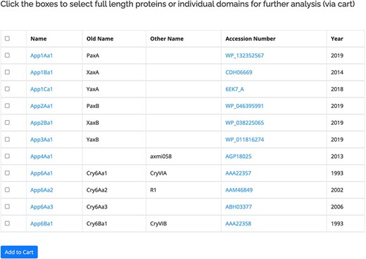 Primary user interface accessed via the Search by name option showing list of pesticidal proteins (App proteins in this example), along with old nomenclature and Accession numbers.