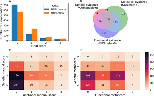 Confidence scores and types of evidence present in the OLIDA combinations. (A) Distribution of the FINALmanual and FINALmeta scores. (B) Venn diagram of the number of oligogenic combinations carrying a score of 1 or higher in the different main types of evidence metascores. The 130 oligogenic combinations whose FAMmanual, STATmeta and FUNmeta scores are all 0 are not shown in this diagram. (C) Heatmap of the number of combinations and their confidence functional and genetic scores based on the evidence collected via manual curation (Manual scores) only and (D) when adjusted using the external database information (Meta scores). The genetic score here represents the maximum score between the FAMmanual and STAT (manual or meta for plots a and b, respectively) and the functional score is the FUN (manual or meta for plots a and b, respectively), which are described in the Materials and Methods.