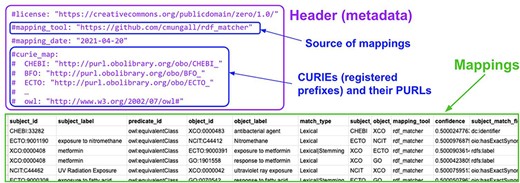 An example SSSOM TSV table (generated by the developers of the environmental exposure ontology (19) using rdf-matcher (26)), with a table header (lines that start with #, shown in purple) that contains the mapping set metadata, followed by the mappings (27).