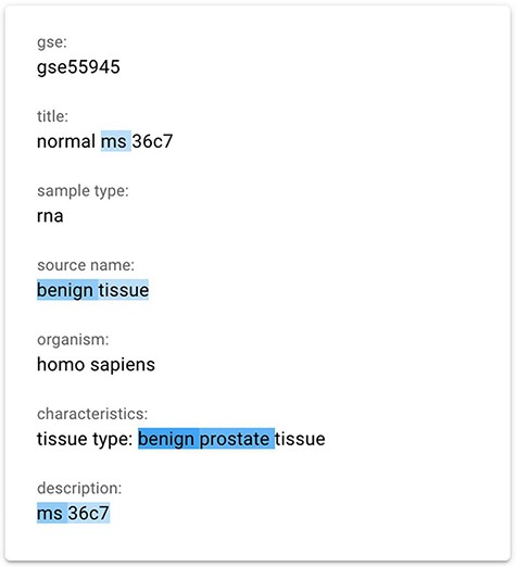 The gradient-based saliency map implemented in the GeMI tool. The words referring to the prediction of the ‘Sex’ attribute for the GSM1348947, ‘ms’, ‘benign tissue’, ‘benign prostate’ and ‘ms 36c7’ are highlighted because they are used by the model to predict the necessary fields.