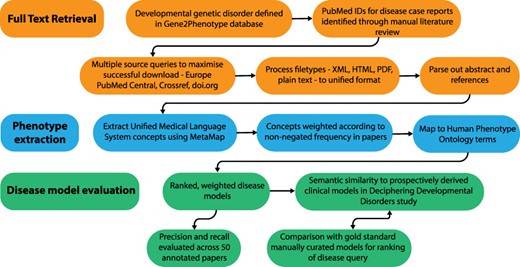 Overview of the disease model pipeline. Input was PMIDs for case reports describing developmental genetic disorders. Full-text downloads were performed using the Cadmus package. Output was disease models consisting of HPO terms weighted according to their frequency in full text. These were evaluated against ‘real life’ models from the Deciphering Developmental Disorders study and against gold standard manually curated models.
