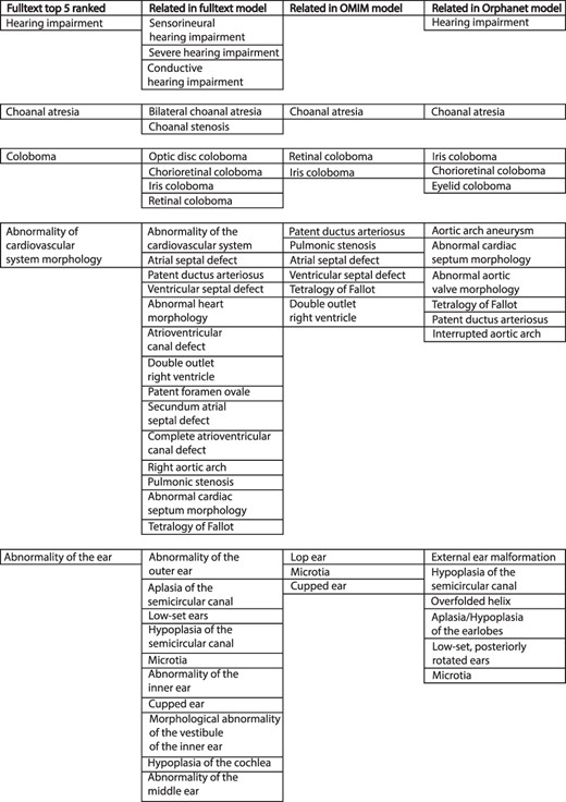 Example of top-five ranked terms in the disease model for CHD7/CHARGE syndrome (left column). Clinically related terms in the remainder of the disease model (n = 540), OMIM model (n = 71) and Orphanet model (n = 82) shown.