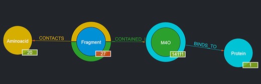 Output of a basic query where the user had looked for ‘M4O’. The results page shows the searched ligand instead of the generic ligand entity type in the graph, along with the number of Fragments that ligand contains (in this case, 27) and the number of proteins it binds to (in this case, 1); the 27 Fragments contact as a whole all of the 20 amino acids; thus, 20 is displayed as their number. By clicking on the corresponding entity type node (e.g. Fragment), it is possible to browse each of the entities returned and in the case of Fragments to see their details on the rightmost panel as well (not shown in the figure).
