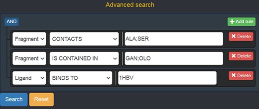 Advanced search panel, with some text fields populated as an example. The semantics of the query shown here is the following: “retrieve all of the Fragments which contact the amino acids ALA or SER, AND which are contained in the ligands with code GAN or OLO, AND whose containing Ligands bind to the protein identified by the PDB ID 1 HBV.