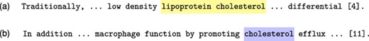 Example of a chemical mention embedded in a protein mention from document PMC 2 096 715. Our model predicted cholesterol on both sentences as an chemical entity. However, in Sentence (a) the word cholesterol should not be identified because, according to the annotation guidelines, the chemical term appears within a protein mention.