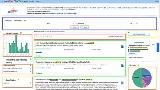 Screenshot of the preVIEW system with sections highlighted.