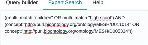 Screenshot of the Expert Search. The raw query string can be seen here and can be manually edited.