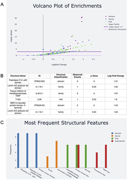 Screen capture of the output page. The user can download a zip file by pressing the Download button. (A) The results are visualized with a volcano plot and a table with more details about the plot points being hovered over or clicked. The legend for this graph can be found on the right and includes domain, family, fold and superfamily, as well as the cutoffs for −log(P) equal to five and the Bonferroni correction. (B) The table corresponding to the hovered-over or clicked data from the volcano plot (C) structural feature information can also be visualized in a frequency bar plot.