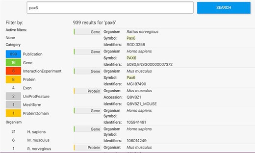 Keyword search. A search for ‘Pax6’ returns a filterable menu of data classes and organisms with the number of entities found in each on the left and individual entities displayed on the right. Each individual entity provides a link to its report page.