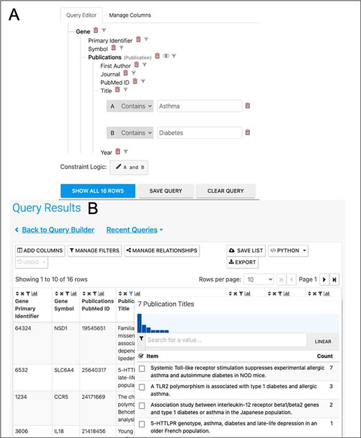 (A). A query to find publications in which the title includes both Asthma and Diabetes. (B). The results return seven publications as shown by the column summary.