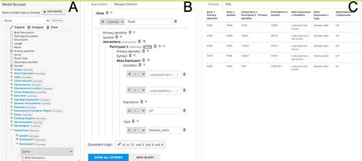 The Query Builder. The query builder consists of three main panels—the model Browser (A), the query editor (B) and the query preview (C). The ‘Gene(s) + Disease Interactors + Disease Expression’ search is shown with an extra constraint for ‘condition = Lung squamous cell cancer’ added. Each constraint in the query editor is labelled with a letter enabling the constraint logic to be edited here to give ((A or E) and C and D and B).