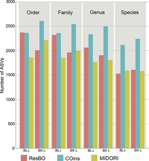 Number of ASVs assigned to the different taxonomic levels (from order to species) when using ResBO, COins and MIDORI as reference. Numbers of assignments obtained using the BLAST+ (BL+) and fit-classifier sklearn (SK L) algorithms are specified too.