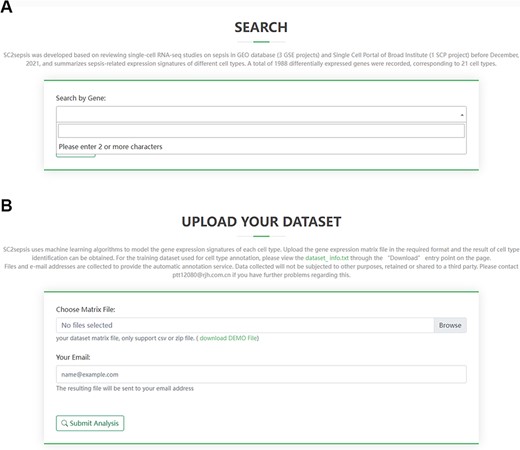 Overview of the search page for DEGs and the analysis page for users’ matrix data. (A) Search term input page. (B) Upload page for users’ matrix files.