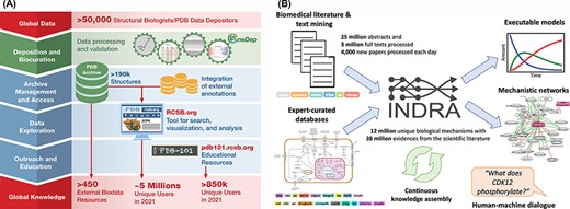 (A) RCSB PDB converts global data into global knowledge. (B) INDRA performs knowledge assembly from the biomedical literature and expert-curated databases into a knowledge base of mechanistic statements that can be converted into models and networks and queried through human–machine dialogue.