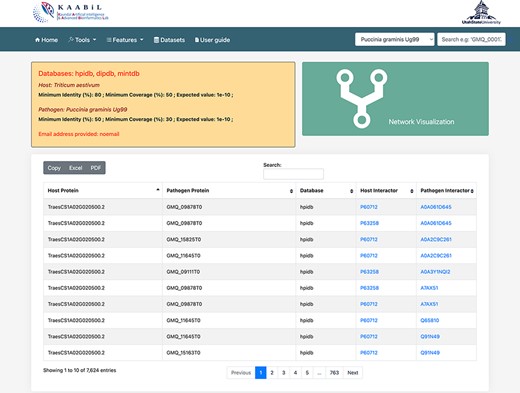 The ‘Table’ view of resulting host–pathogen interactions. The interologs of the corresponding host and pathogen query proteins are also provided. Results can be downloaded in an Excel or PDF format or can be copied to the clipboard.