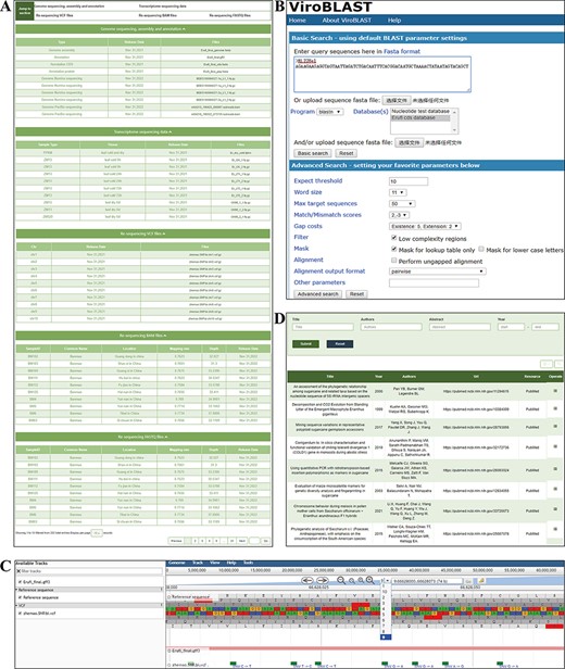 ‘Download’ and ‘Tools’ modules. (A) ‘Download’ module, providing genome, transcriptome, variation and resequencing files to download. (B) BLAST Tool. (C) JBrowse tool. (D) Publication tool.
