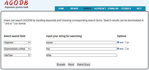 Search interface of AGODB. For example, if users want to retrieve all the experimentally validated eAgo proteins from mouse, they should first select the search field ‘Organism’ from the pull-down list box, input ‘mouse’ into the corresponding blank text form and select the ‘and’ button. Then, users should select the ‘Experimentally-verified’ search field, input ‘Yes’ and select the ‘and’ button. Finally, they should select the ‘AgoType’ field, input ‘eAgo’ and press the ‘Submit Query’ button.