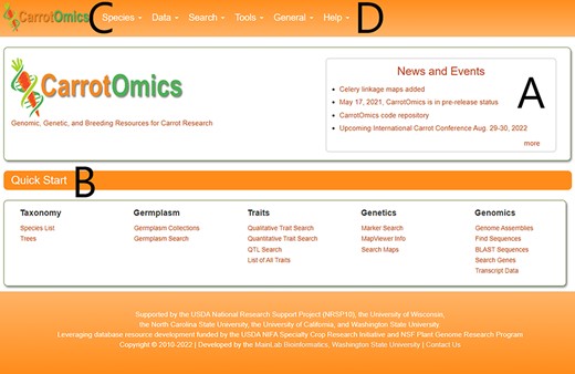 The CarrotOmics homepage includes (A) a news and events banner. (B) a Quick Start menu to directly access tools or data. (C) Pull-down menus to access all parts of the database. (D) A ‘Help’ pull-down menu to access user manuals and tutorials.